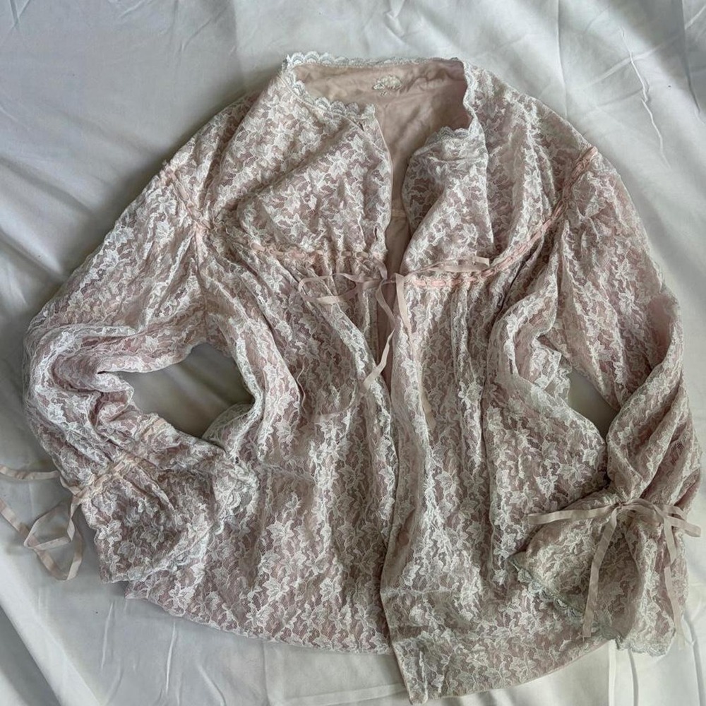 Vintage 60s Premaman French Lace Babydoll Cardigan Pink White Bell Sleeve XS S